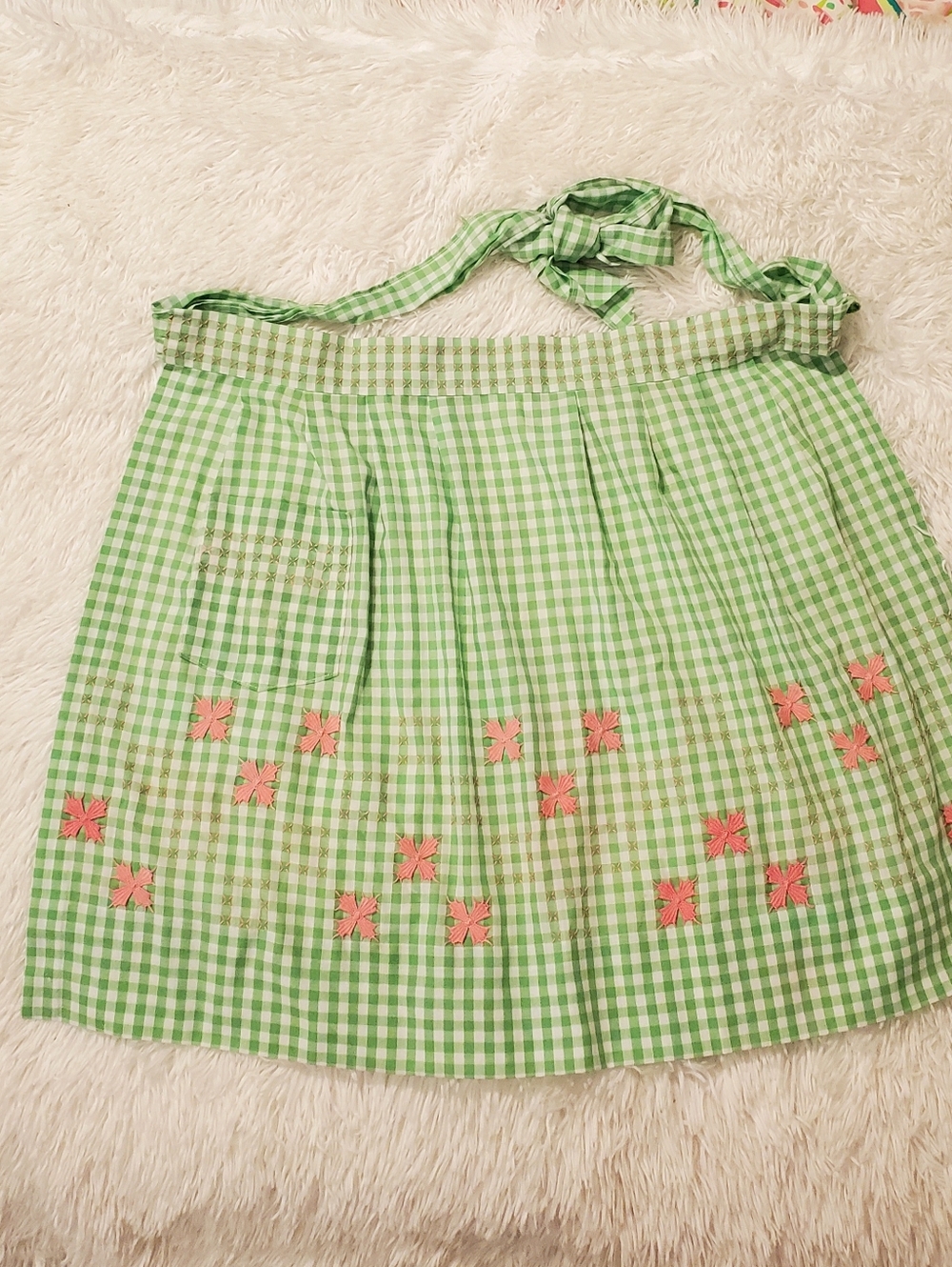 Vintage Green Gingham Apron with Pink Floral Embroidery